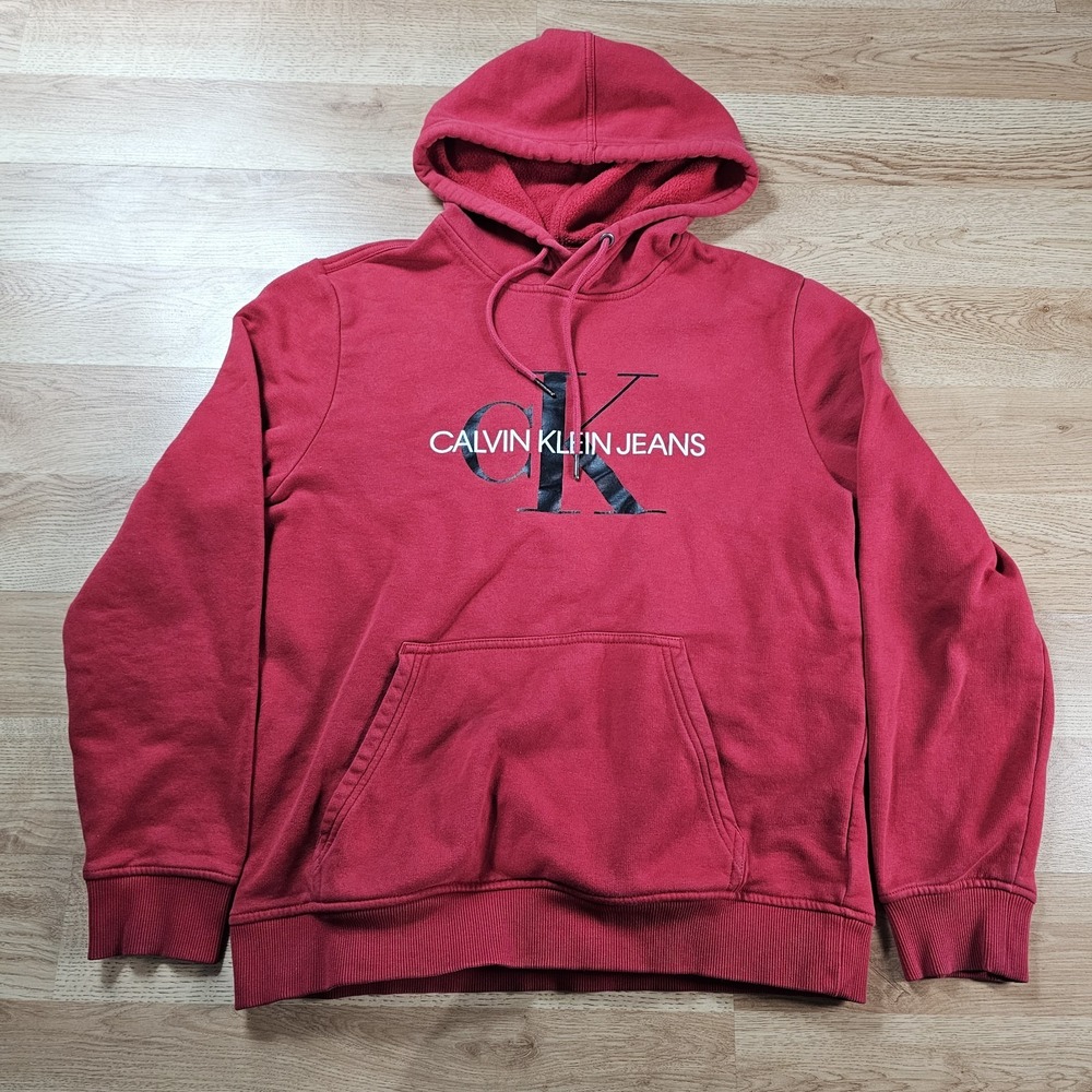 Calvin Klein Jeans Hoodie Mens Medium Red Logo Graphic Fleece Sweatshirt 2366
